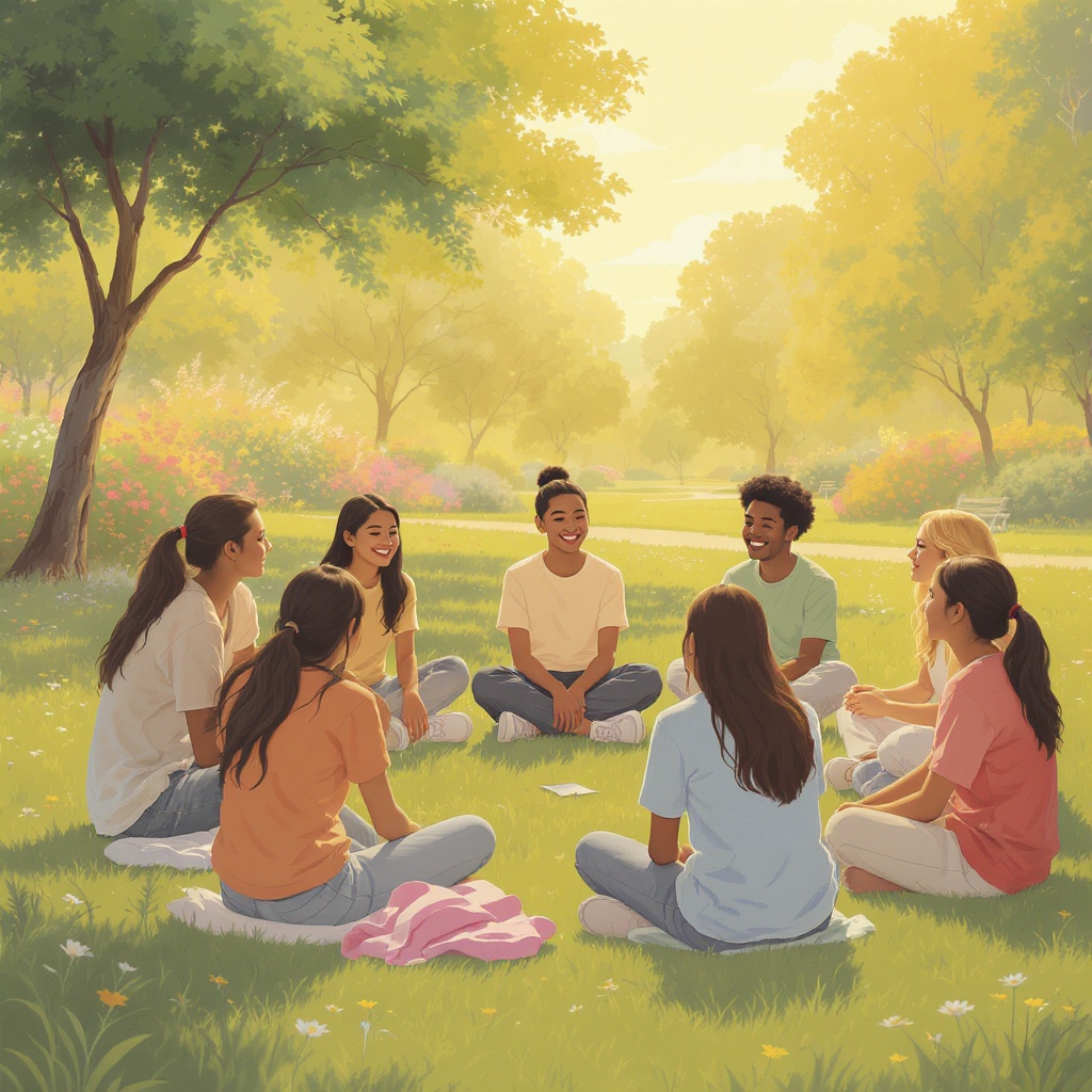 Teens in a supportive group workshop setting outdoors during summer