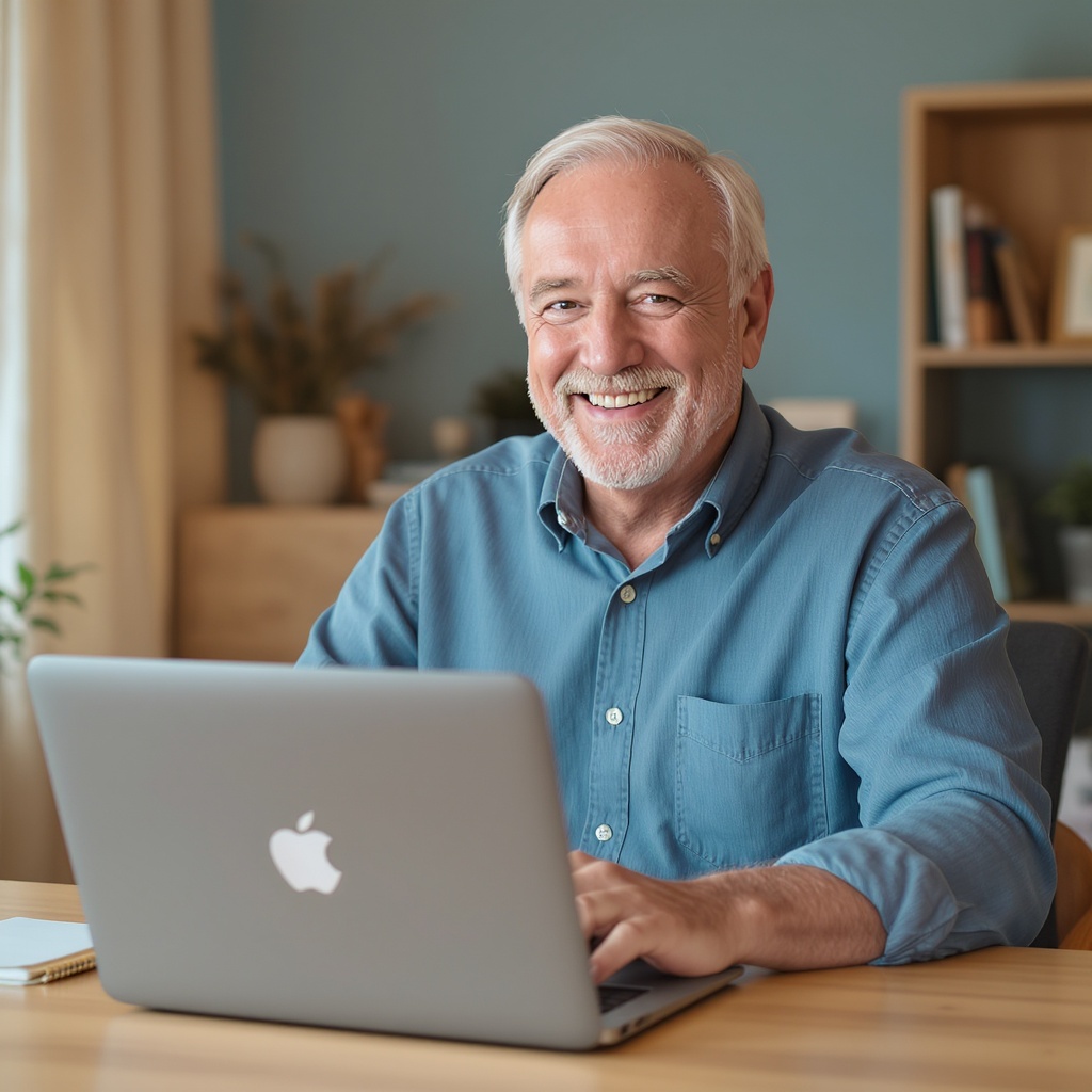Senior man confidently using a MacBook at home
