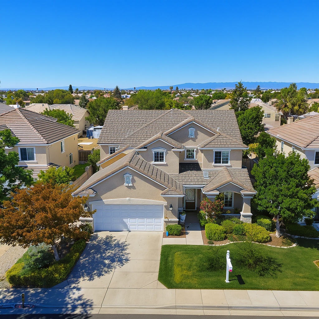Aerial view of a residential property and surrounding grounds