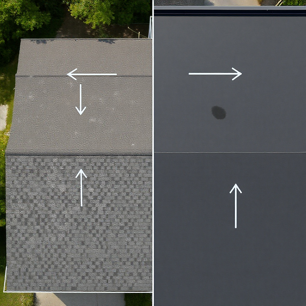 Aerial view of a roof and surrounding property