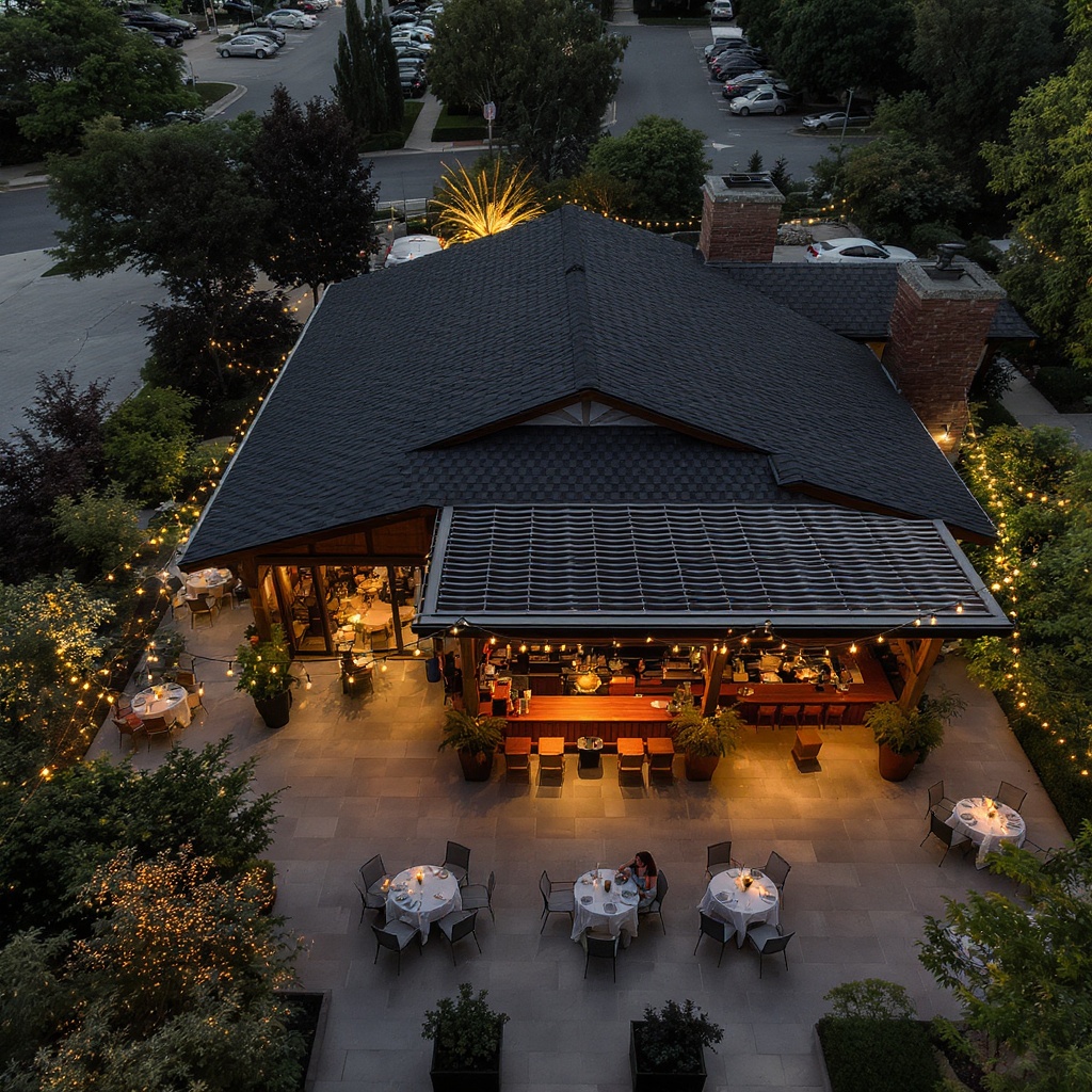 Restaurant aerial — outdoor patio and event space photography