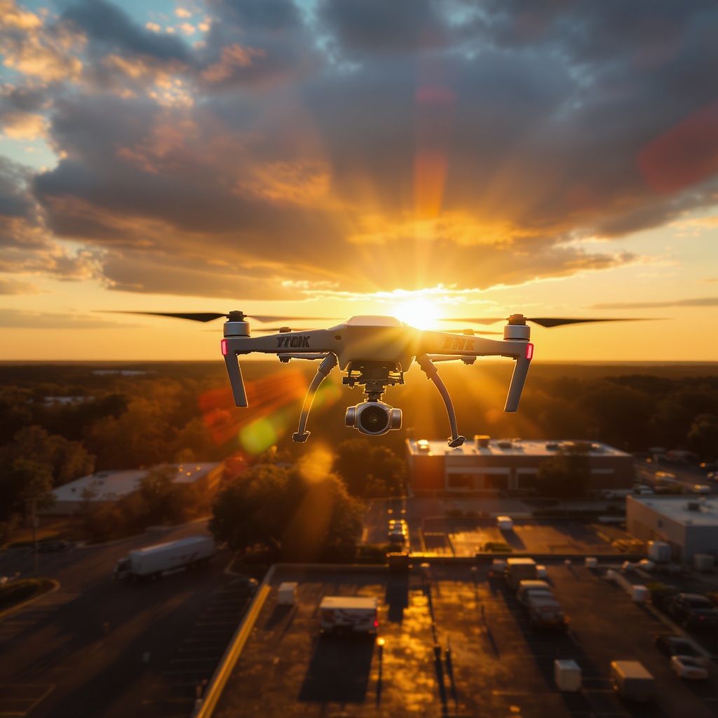 Professional drone pilot in golden hour light on a commercial rooftop, city skyline in background