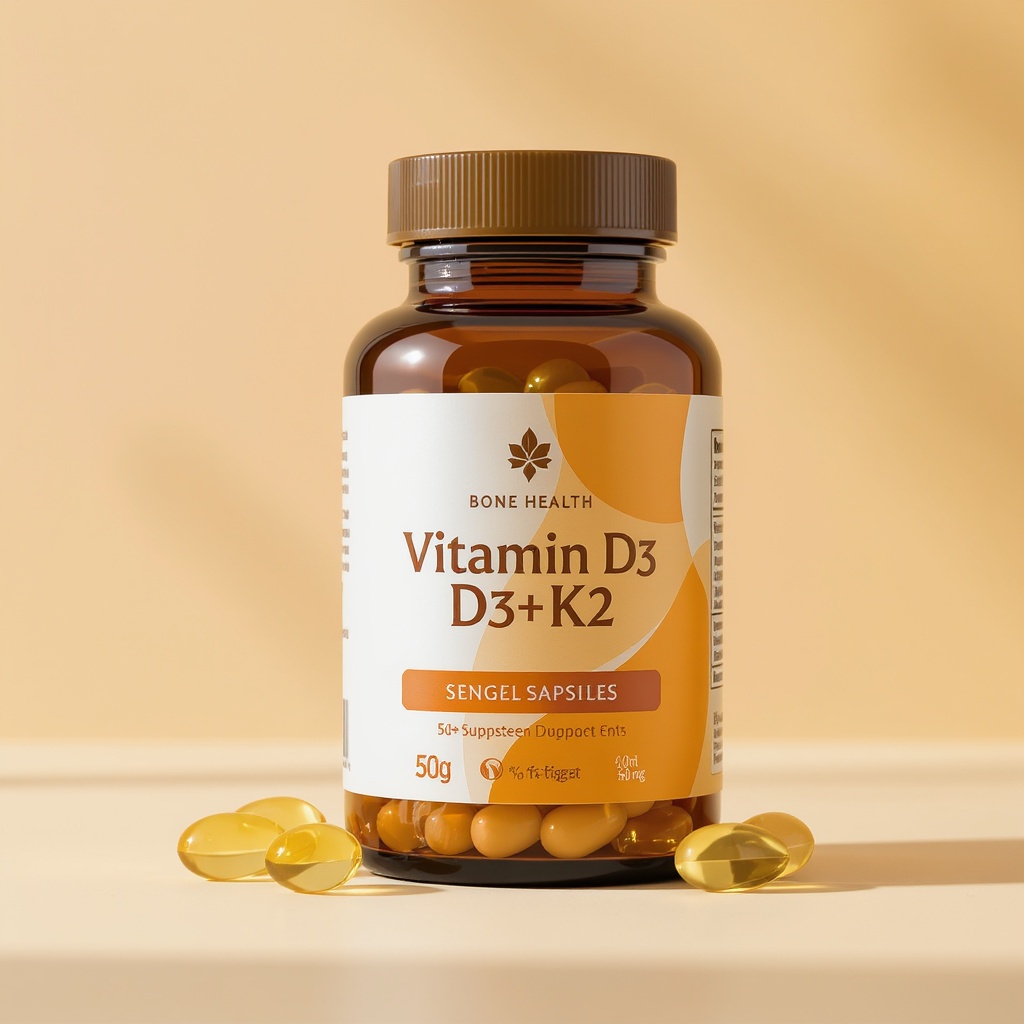 Vitamin D3 and K2 supplement softgels in premium packaging