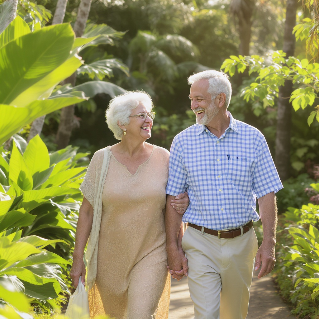 Senior couple walking together in a sunlit Hawaiian garden, happy and active