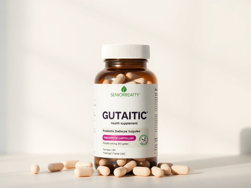 Gut health probiotic supplement jars and bottles on marble countertop