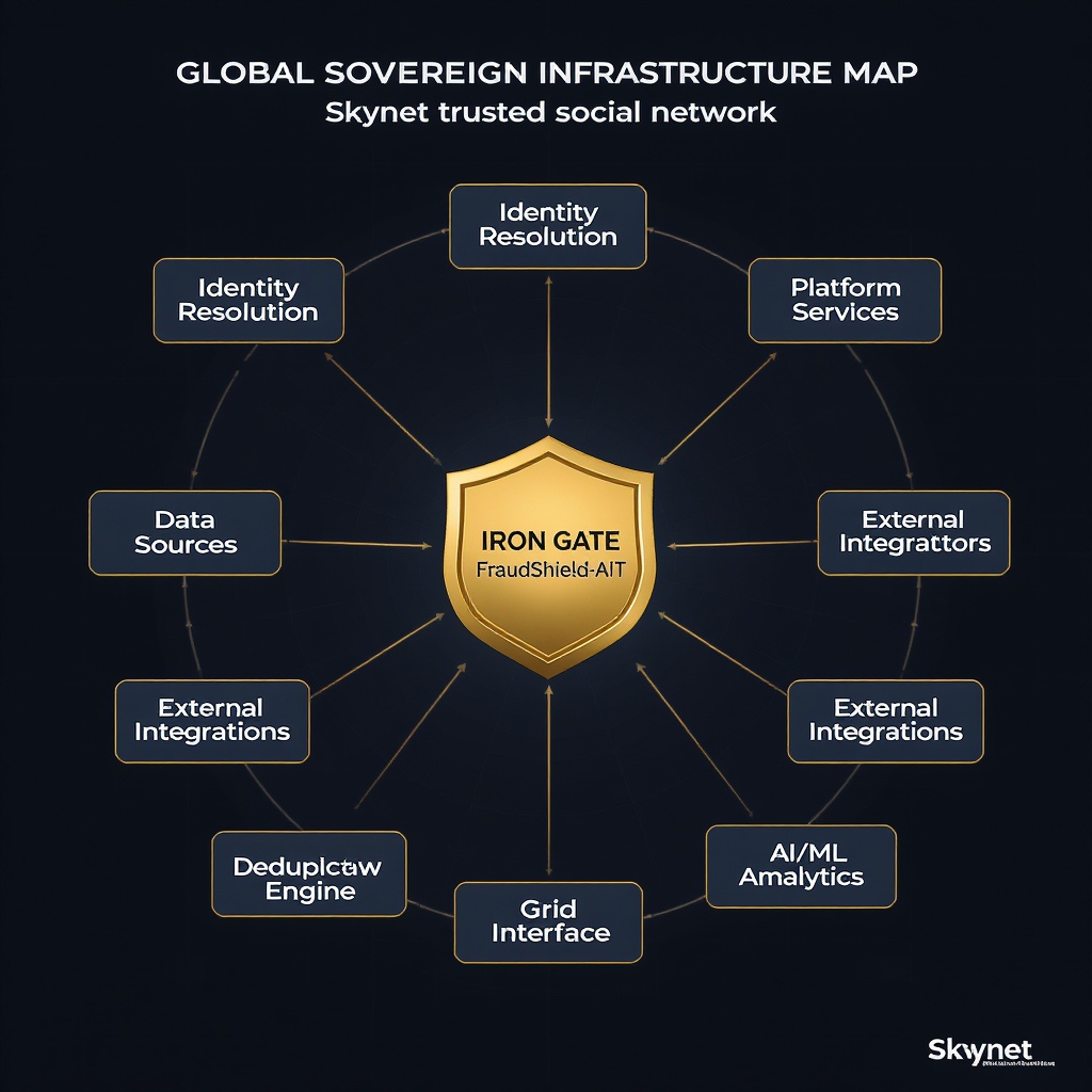 Skynet Global Sovereign Infrastructure — Iron Gate at center with 10 architecture nodes
