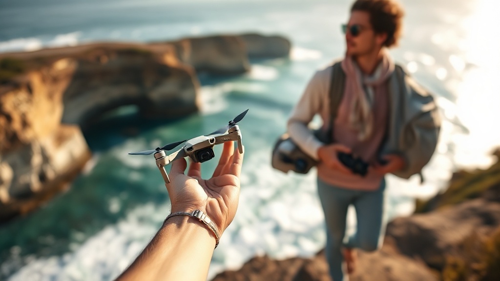Content creator with compact Insta360 Antigravity A1 drone on coastal cliff adventure
