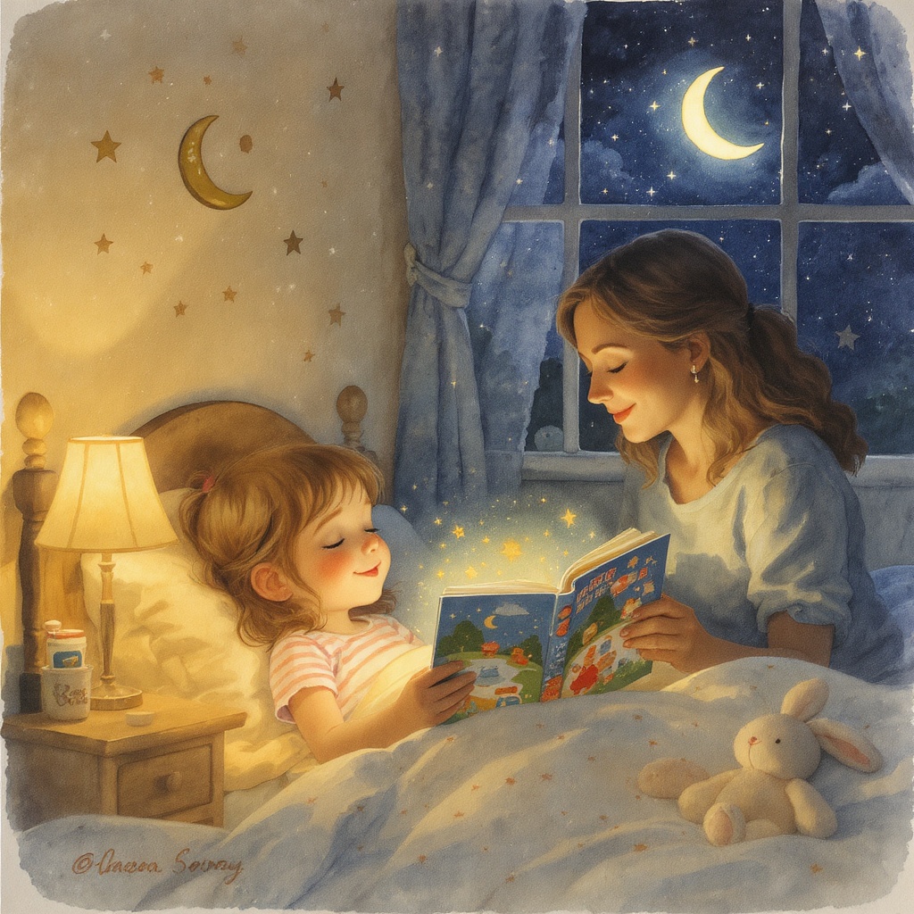 Parent reading bedtime story with child