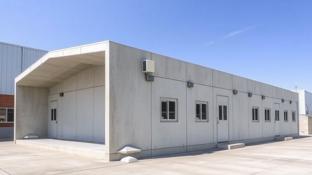 Modular prefabricated precast concrete shelter building with clean geometric panels for housing or emergency response facility