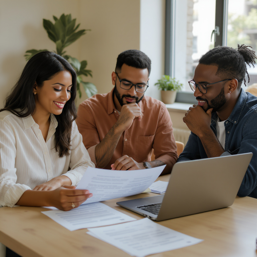 Illustrative small-business teammates collaborate over service-request notes in an office.