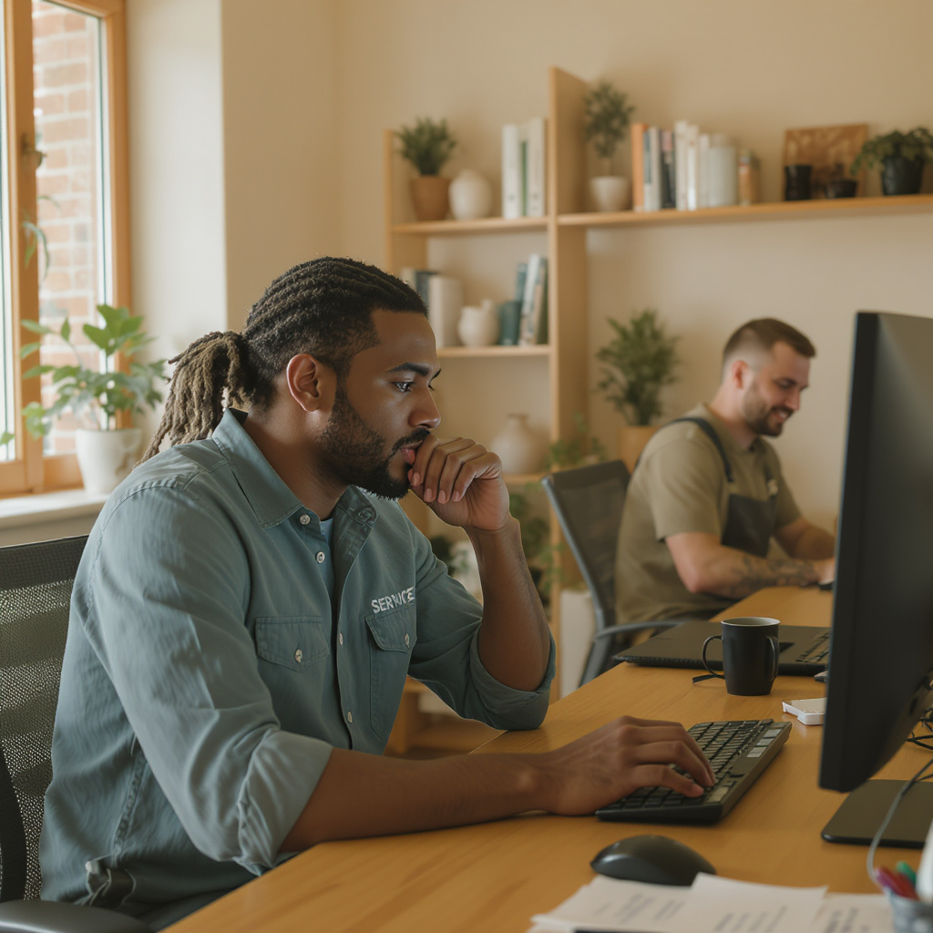 Service coordinator reviews an incoming request at a desktop monitor while a coworker works nearby.