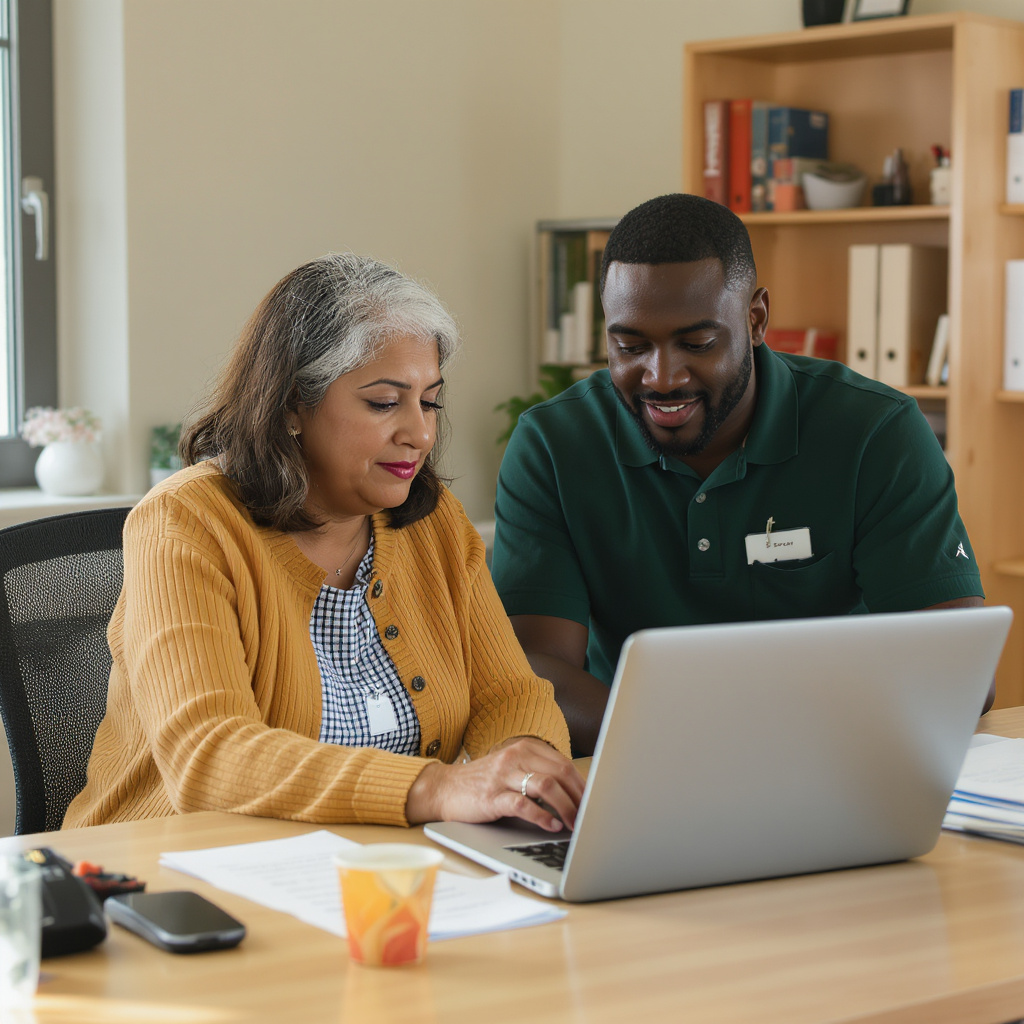Illustrative HVAC service-business teammates review a work request together at a laptop.