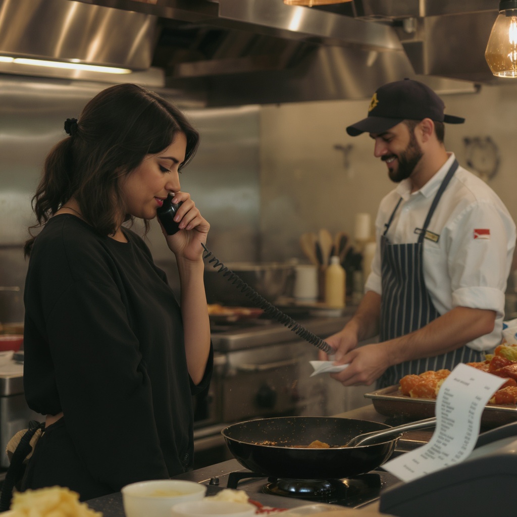 Restaurant owner focused in the kitchen as an order confirmation prints — Sarah answered the call