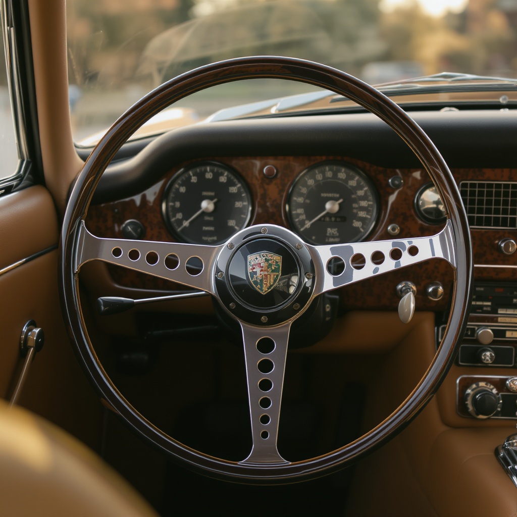 Close-up of a classic Jaguar XK150 interior: walnut-veneered dashboard, Smiths gauges, tan leather seats, showing the distinctive thin-door profile and period trim details
