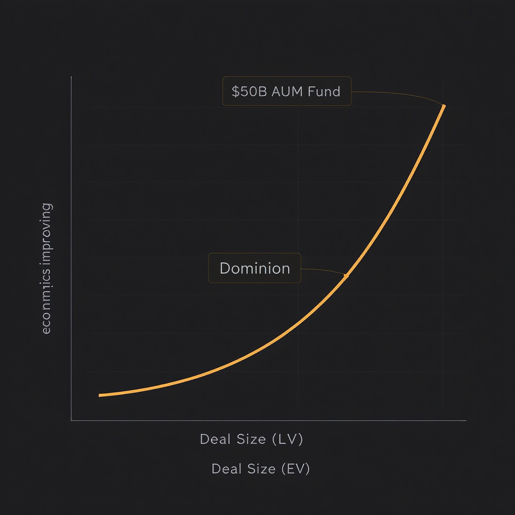 Diverging chart comparing $50B AUM fund fixed overhead vs Dominion's improving unit economics at scale — dark financial visualization