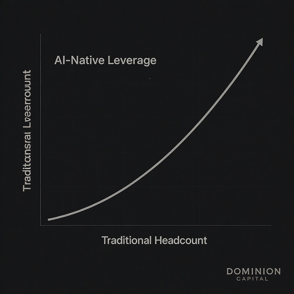 Dark minimal chart showing exponential growth curve labeled AI-Native Leverage vs flat line Traditional Headcount