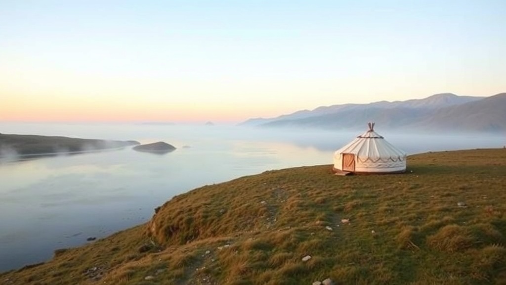 Song-Kul high altitude lake at dawn with traditional yurt camp on the shore