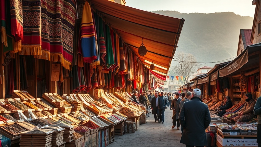 Osh ancient Silk Road bazaar with colorful textiles, spices, and local merchants