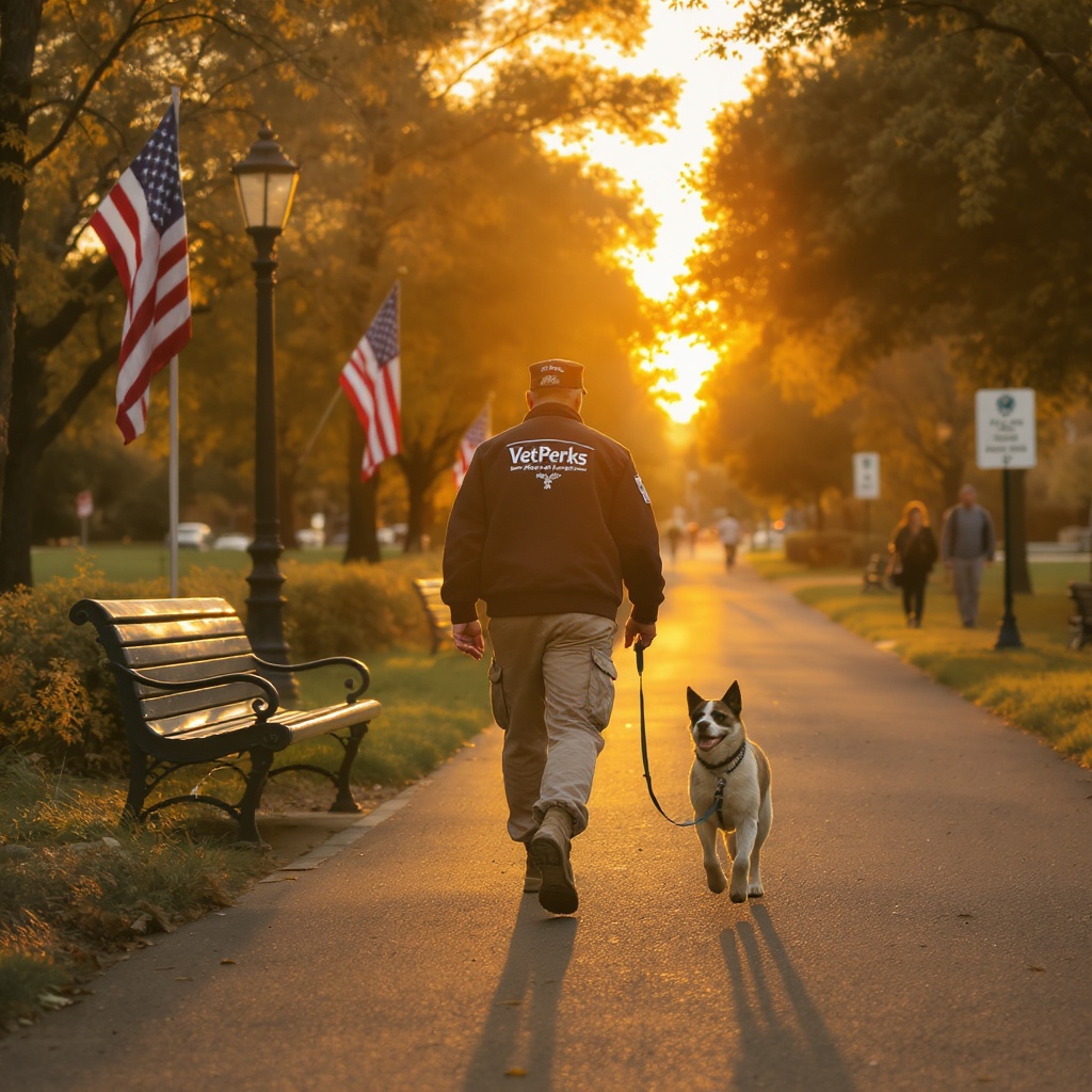 Park Walk — veteran and dog at golden hour