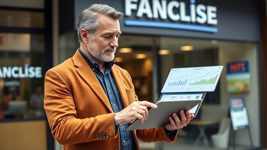 Tech executive reviewing franchise ownership metrics on a tablet