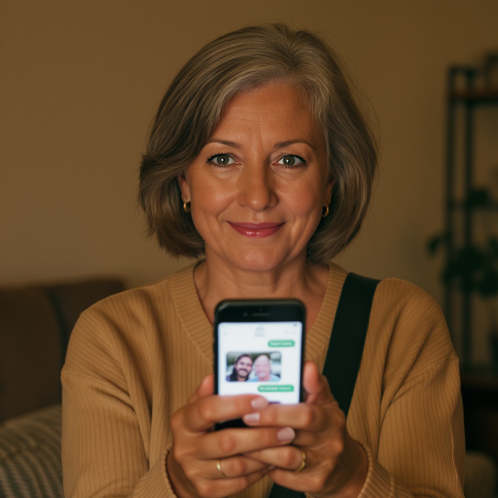 A woman standing by a window, holding her phone close, warm light