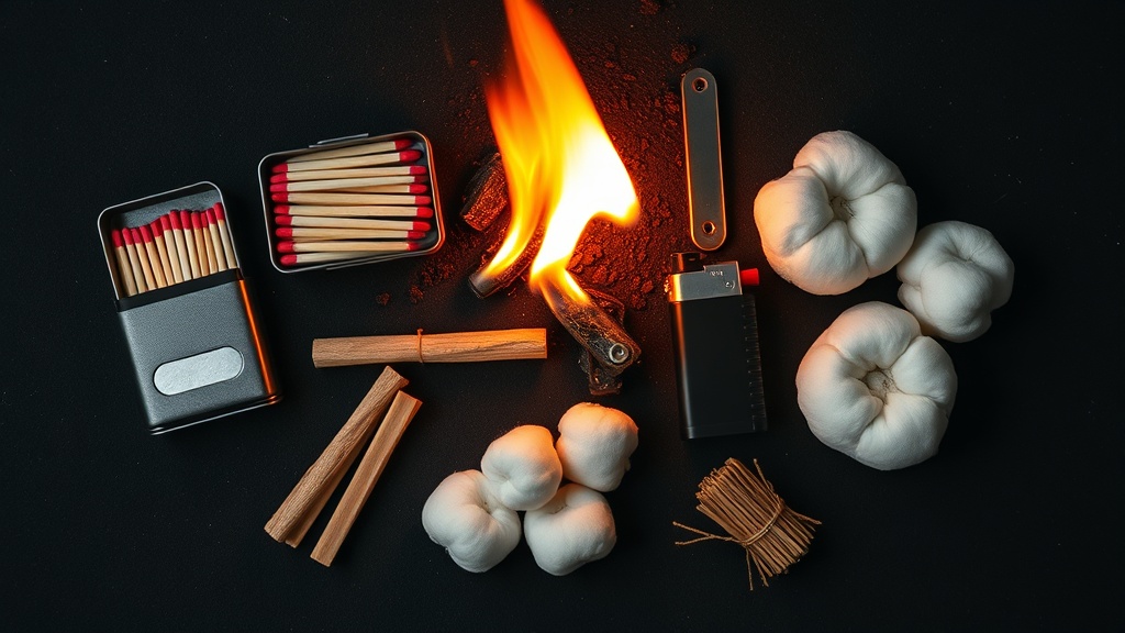 Fire starting tools: matches, lighter, ferrocerium rod, and tinder on dark surface