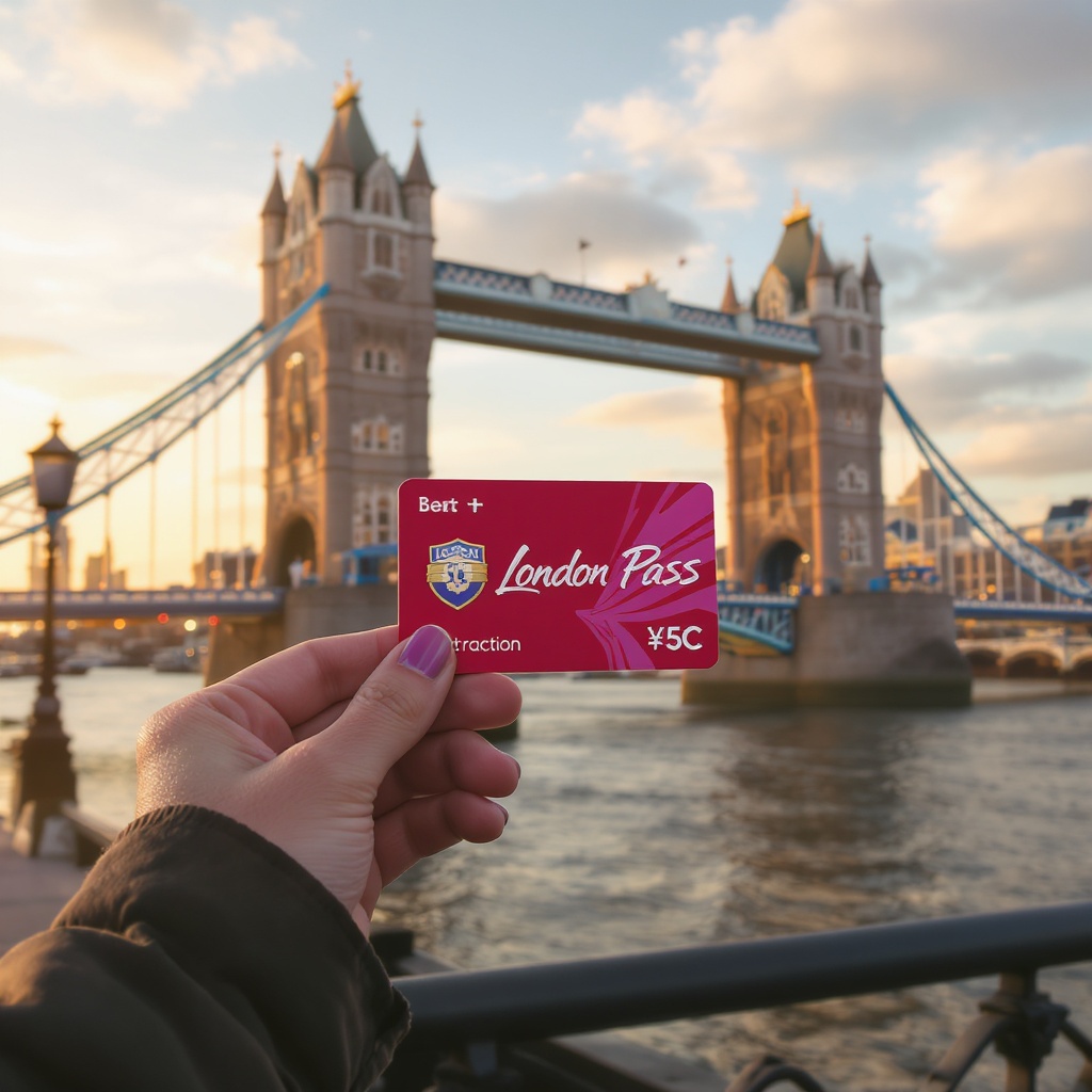 A London visitor holding up the London Pass attraction card in front of Tower Bridge and the Tower of London, golden hour light
