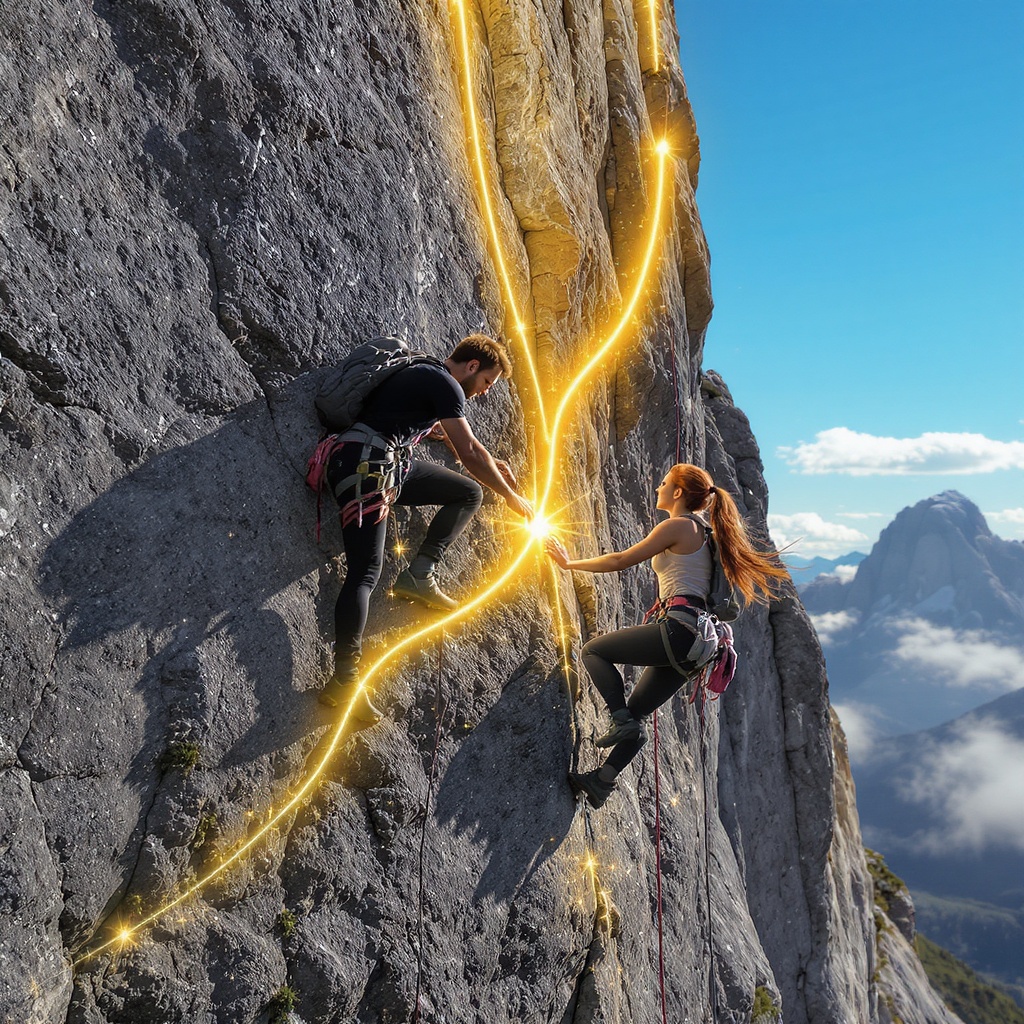 Mountain climbers ascending a rocky peak — progress takes patience and precision