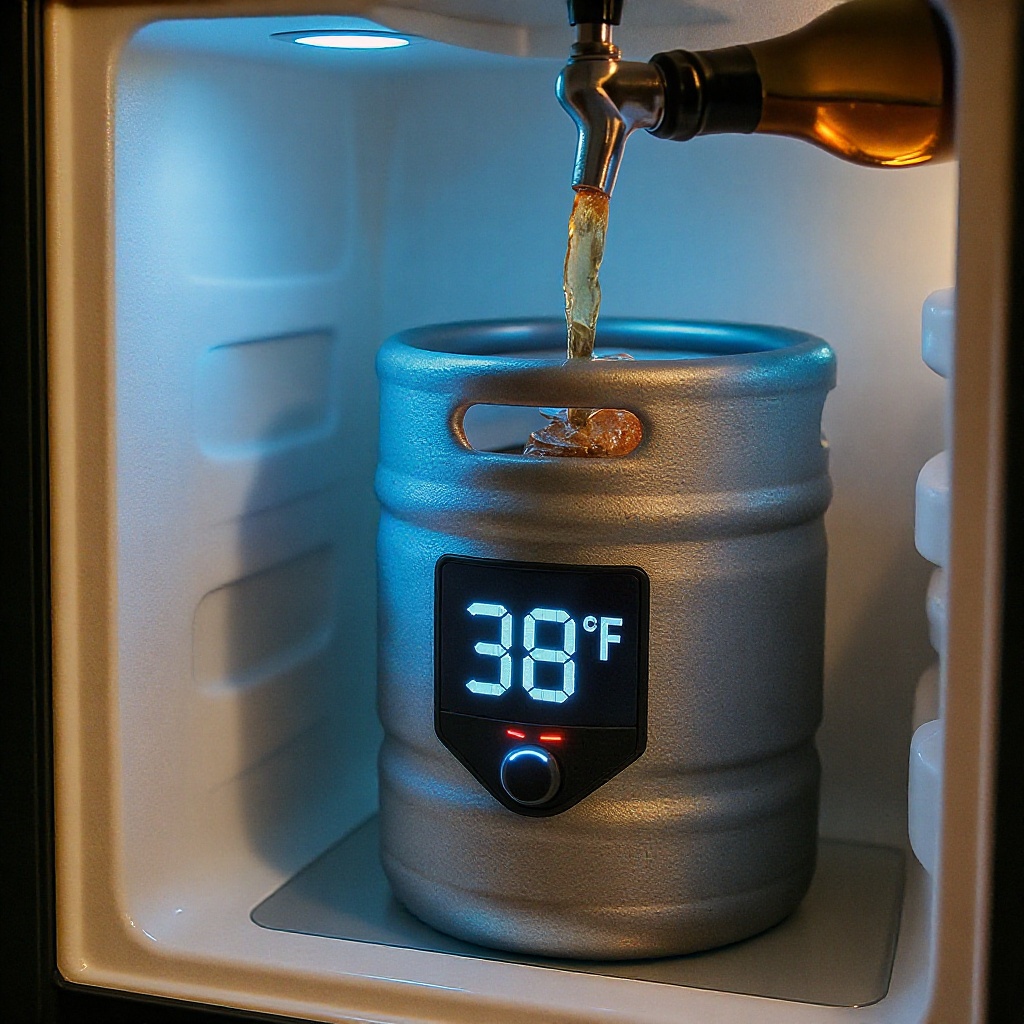 Mini keg in refrigerator showing 38°F temperature