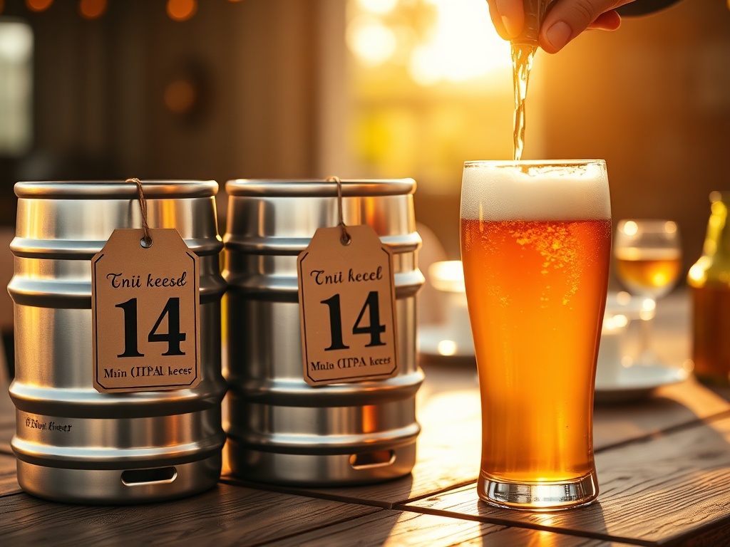Three 5-liter mini kegs with 14 pours labeled