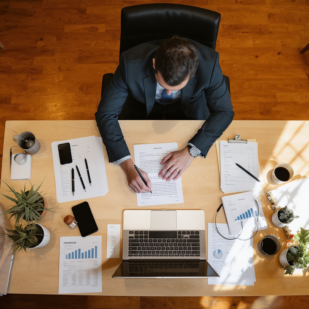 Founder reviewing financial documents — overhead view of business finance audit