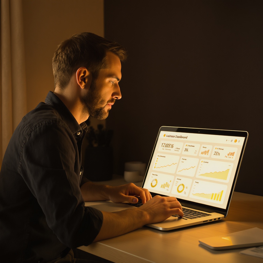 Founder reviewing business dashboard — the Freedom Blueprint in action