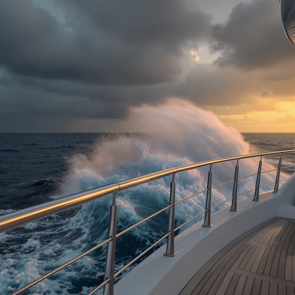 Stainless steel marine deck hardware with salt water spray, polished rail fitting on a yacht deck, dramatic ocean background, professional marine photography, cinematic lighting