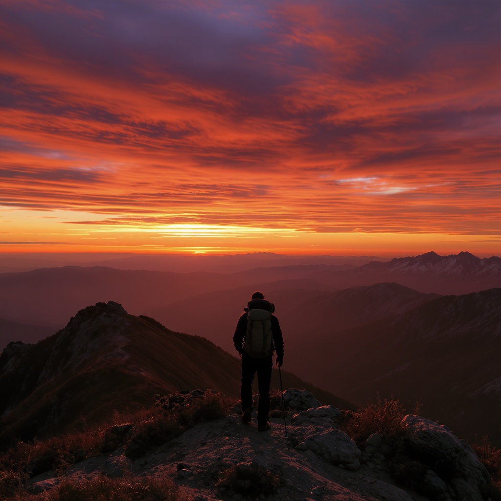 Hiker on mountain ridge at sunset