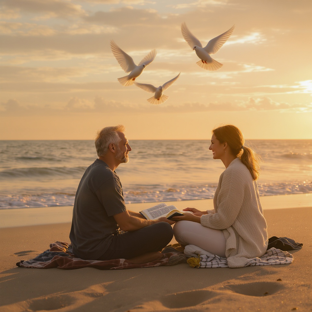 Two people on a beach at golden hour with an open Bible between them, doves flying overhead