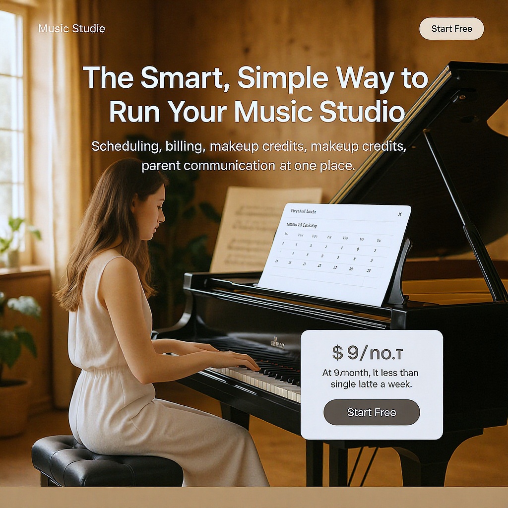 Music teacher at a grand piano in a warm, inviting home studio with natural light