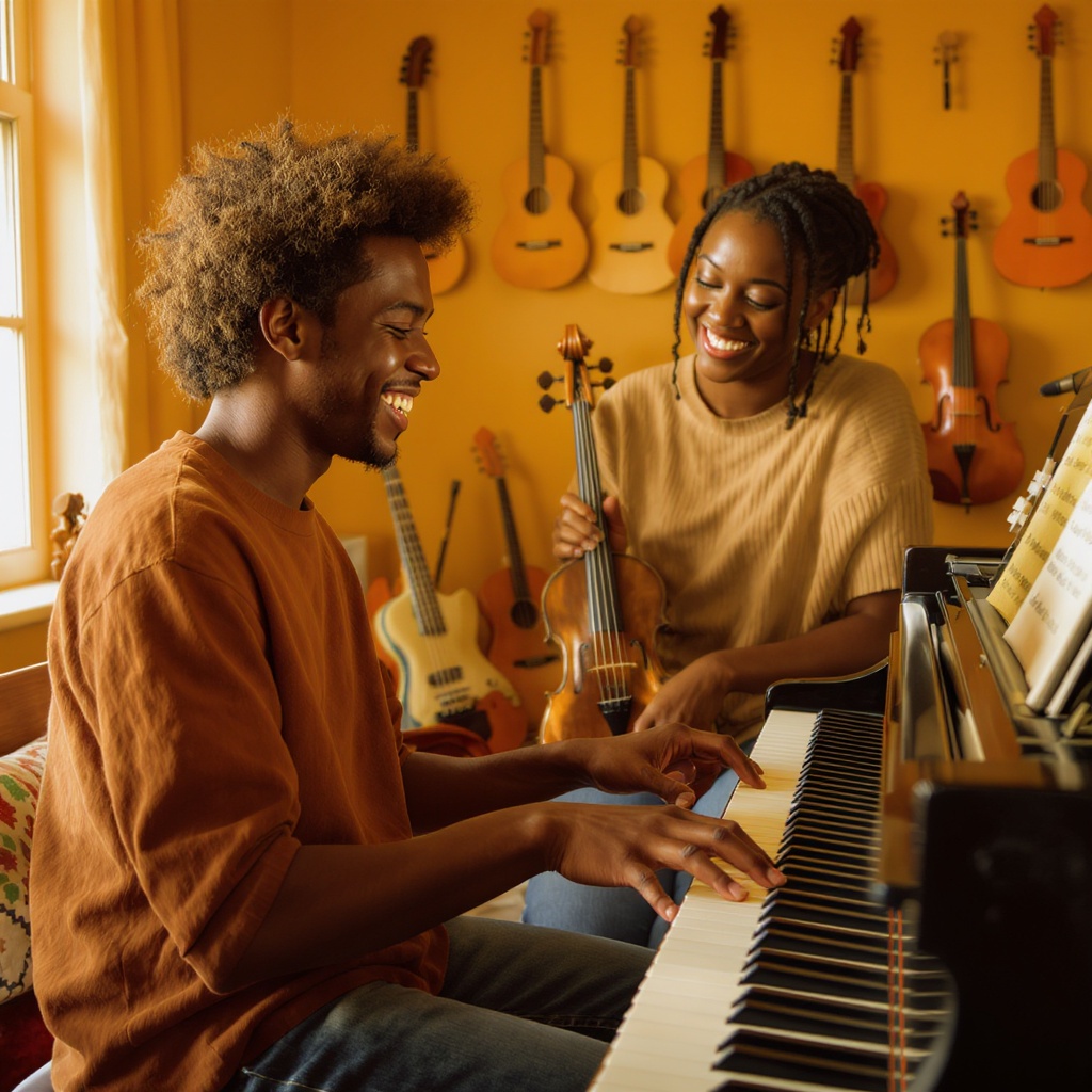 Teacher and student in a warm music studio setting