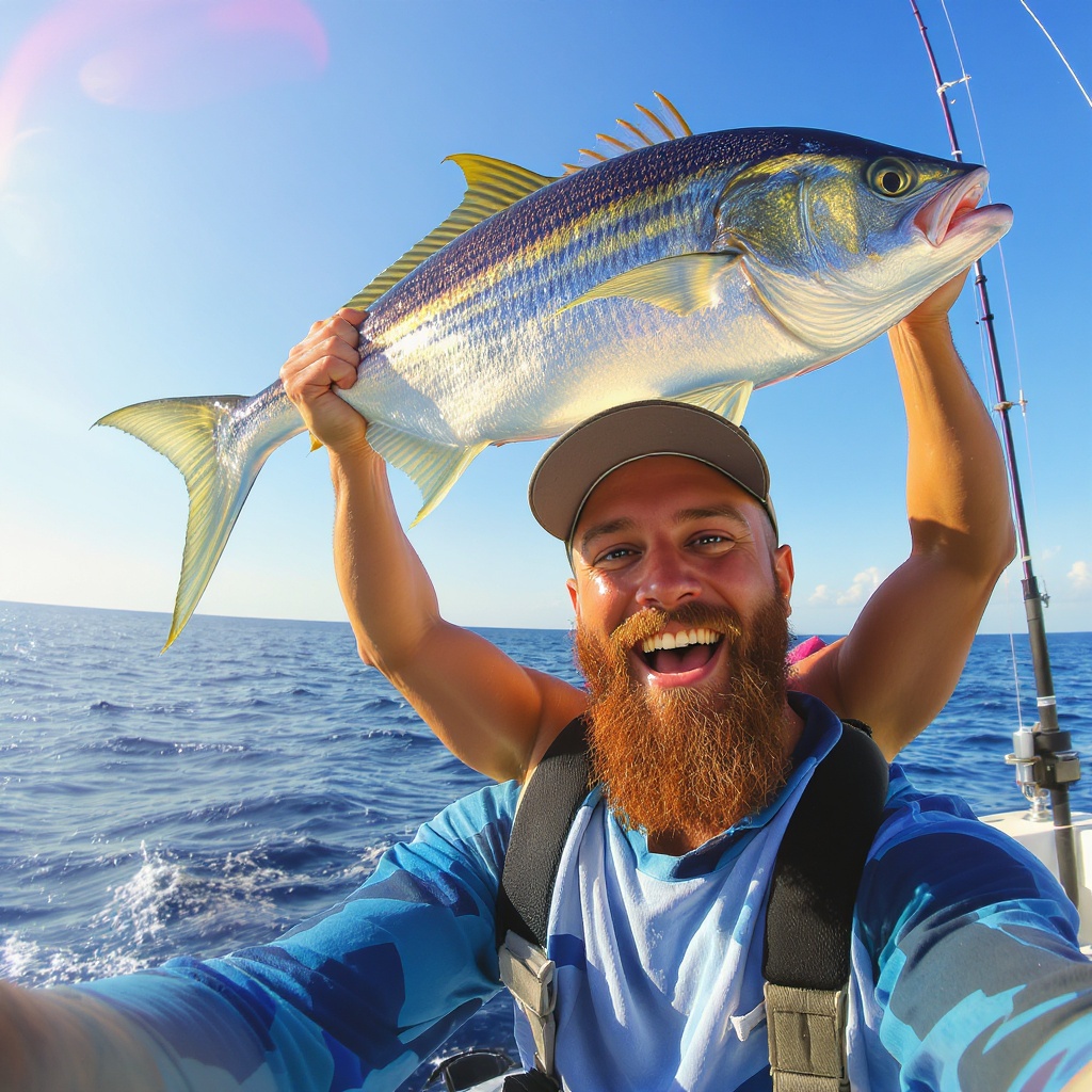 Angler holding up a big catch on a boat with the ocean behind them