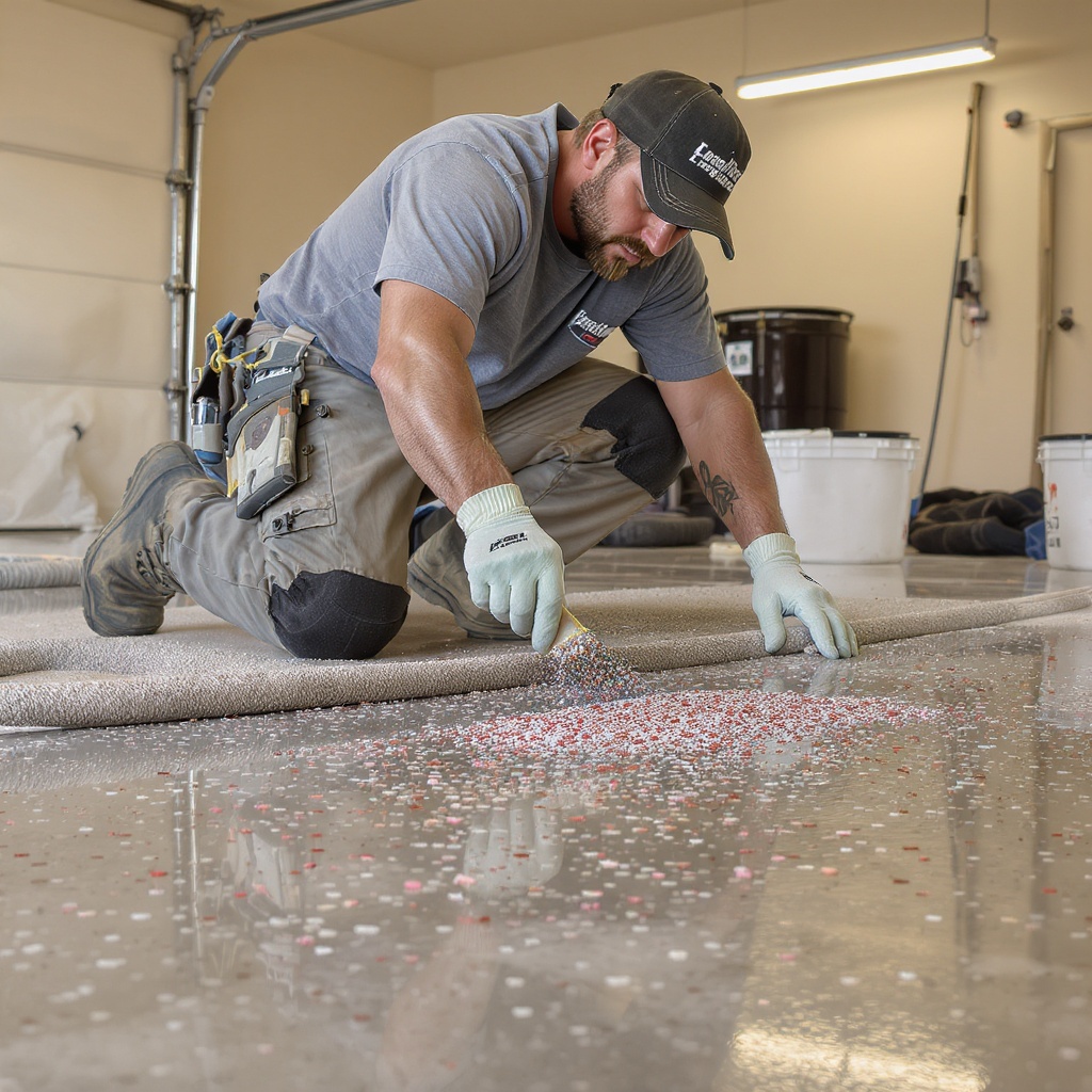 Epoxy flake broadcast application on a freshly prepped concrete floor