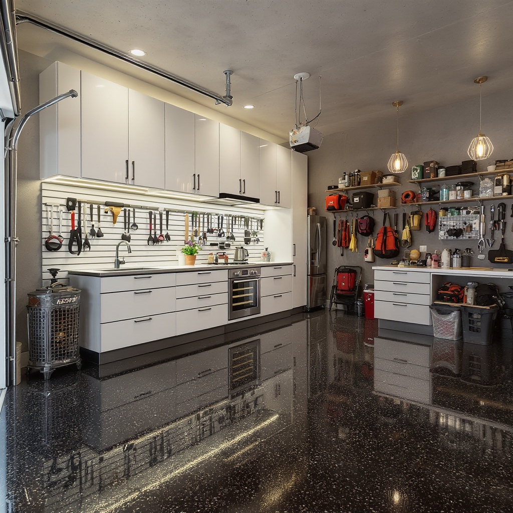 Fully organized luxury garage with epoxy floor, overhead storage, slatwall panels, and LED lighting