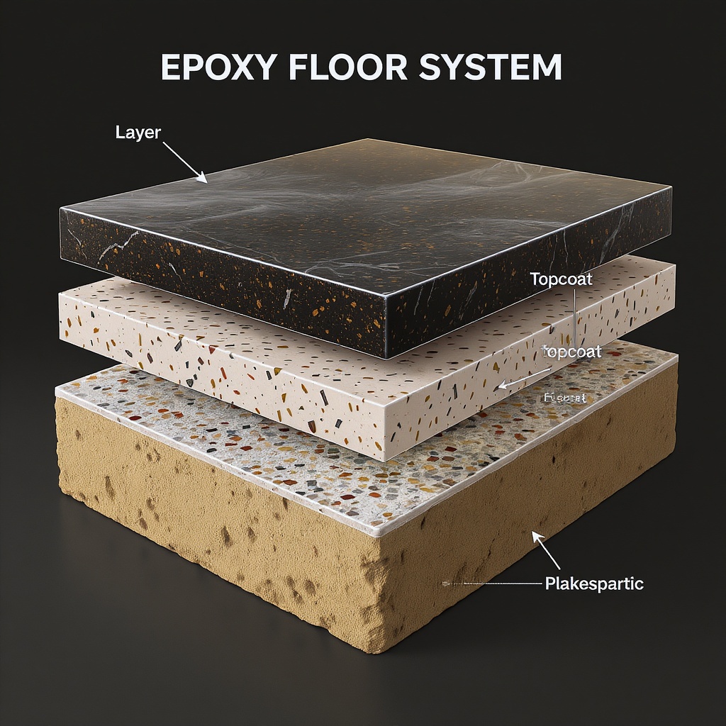 Cross-section diagram of the 3-layer epoxy floor system showing basecoat, flake, and topcoat