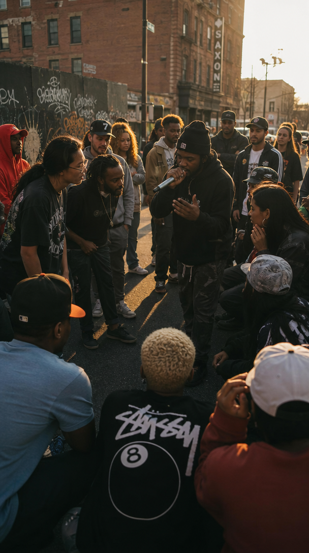 Independent hip-hop artists gathered in a city street cypher