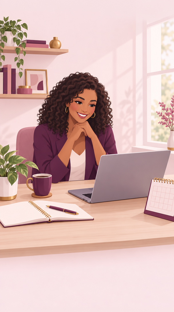 Illustration of a woman at her desk on a laptop video call.